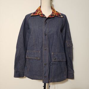 Vintage 70s 80s plaid collar Denim Barn  Chore Jacket Snap front work coat
